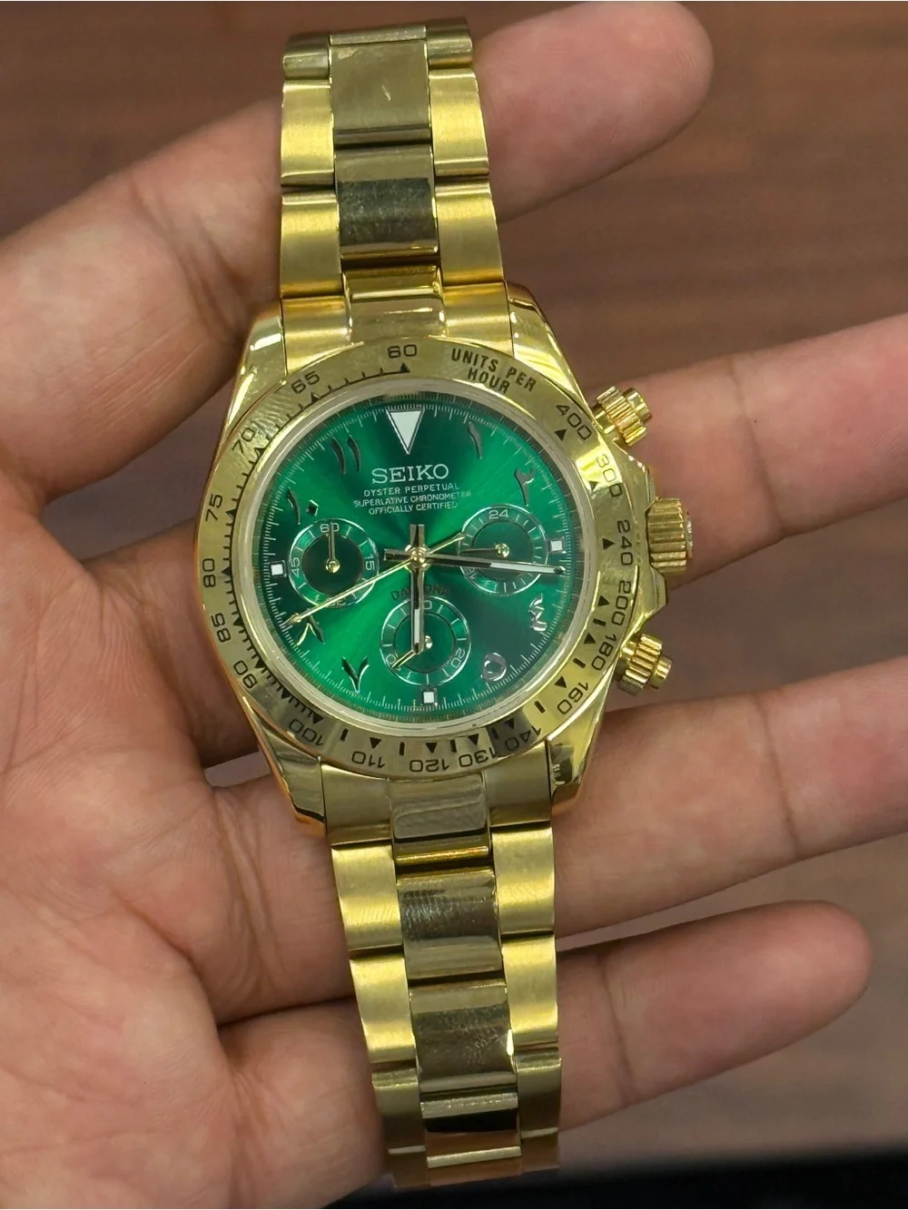 Seiko mod Gold Bracelet Chronograph with Green Dial Arabic Mens watch